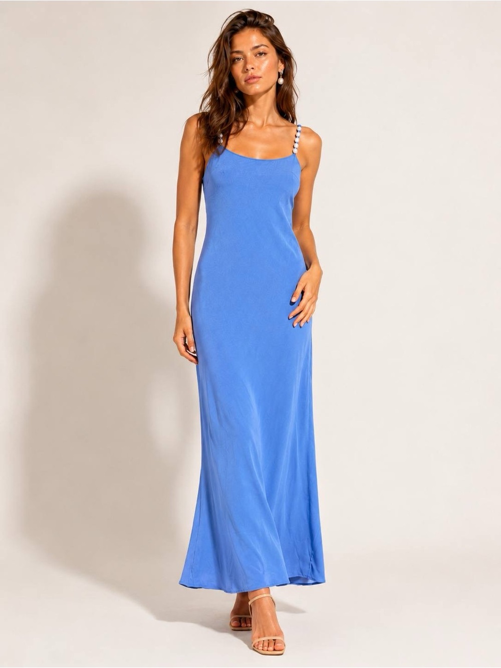 La Porte Womens Maxi Slip Dress Blue Pearl Beaded Straps Side Slit Size S NWT - Picture 2 of 12